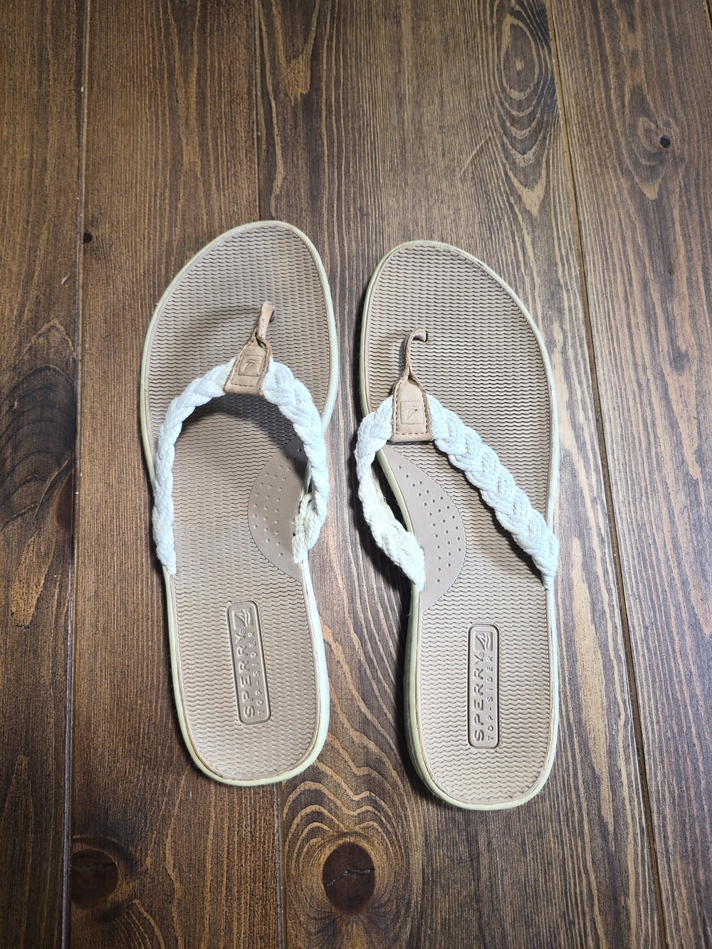 Sperry Women’s Tan Footbed with White Braided Strap Flip Flops Size 12
